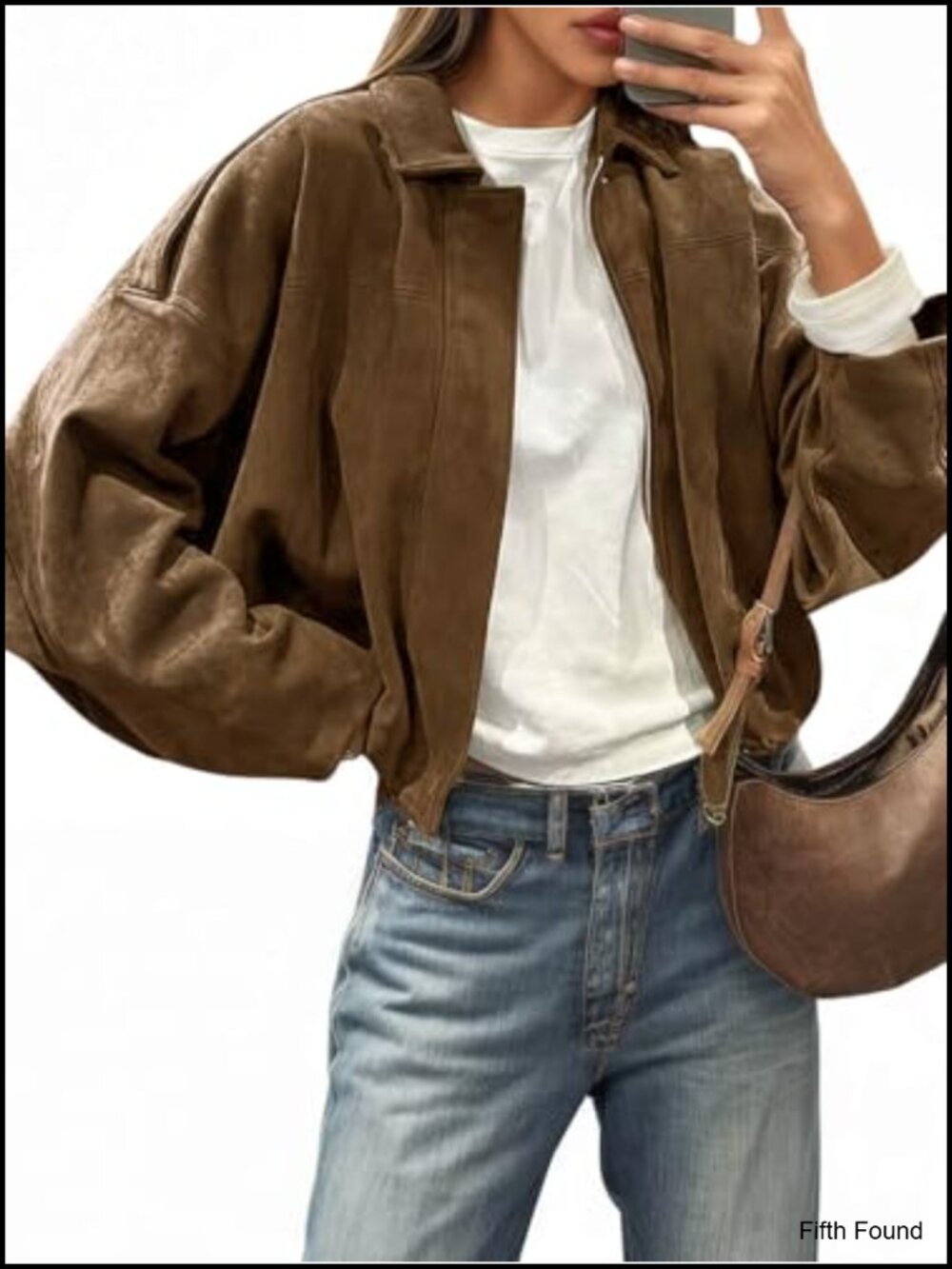 Faux Suede Bomber Jacket Cropped Oversized Zip Up Casual Coat
